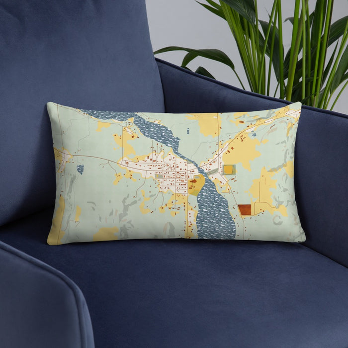 Custom Lake Leelanau Michigan Map Throw Pillow in Woodblock on Blue Colored Chair
