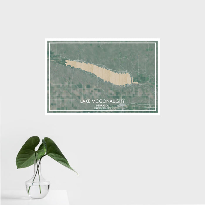16x24 Lake McConaughy Nebraska Map Print Landscape Orientation in Afternoon Style With Tropical Plant Leaves in Water