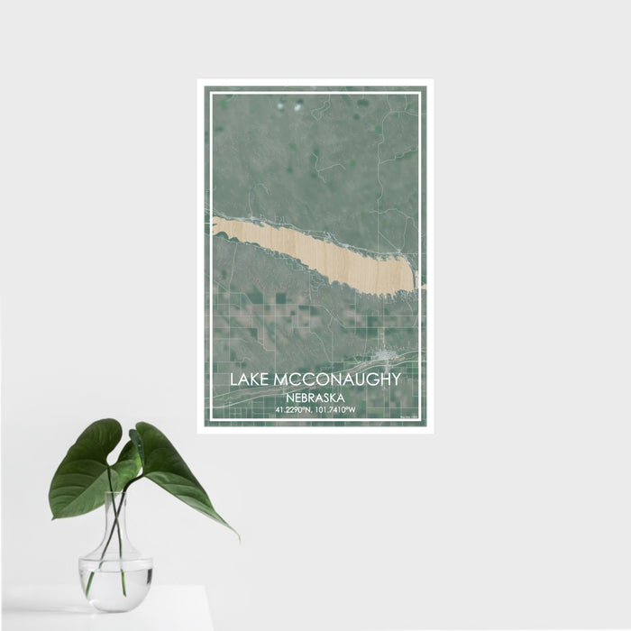 16x24 Lake McConaughy Nebraska Map Print Portrait Orientation in Afternoon Style With Tropical Plant Leaves in Water