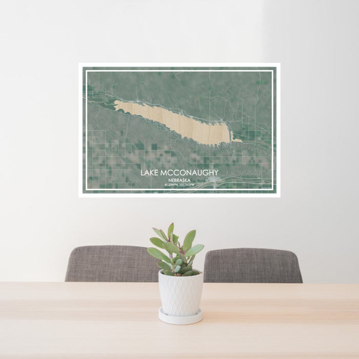 24x36 Lake McConaughy Nebraska Map Print Lanscape Orientation in Afternoon Style Behind 2 Chairs Table and Potted Plant