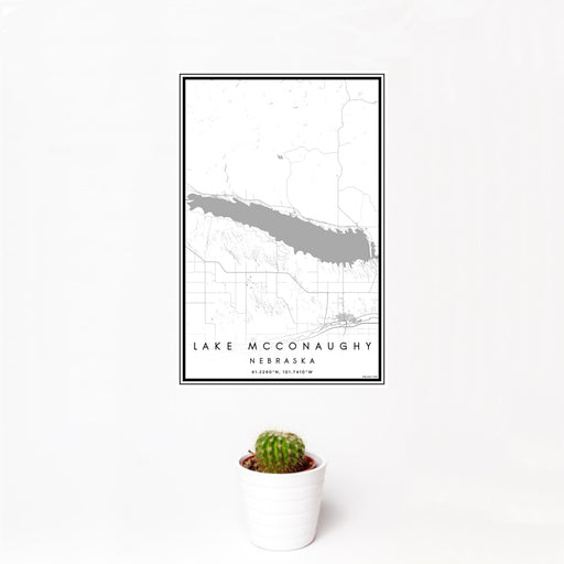 12x18 Lake McConaughy Nebraska Map Print Portrait Orientation in Classic Style With Small Cactus Plant in White Planter
