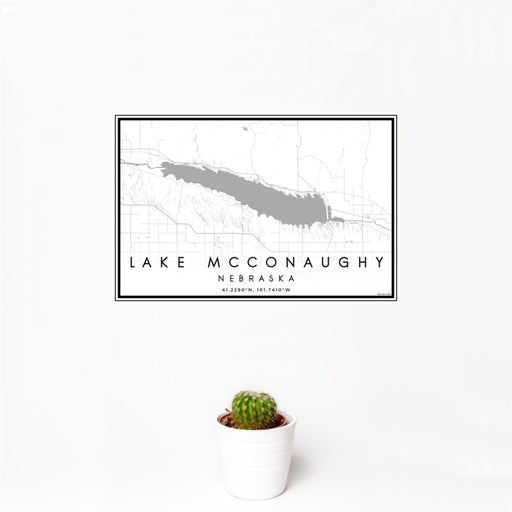 12x18 Lake McConaughy Nebraska Map Print Landscape Orientation in Classic Style With Small Cactus Plant in White Planter