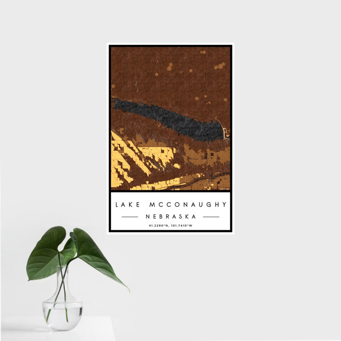 16x24 Lake McConaughy Nebraska Map Print Portrait Orientation in Ember Style With Tropical Plant Leaves in Water
