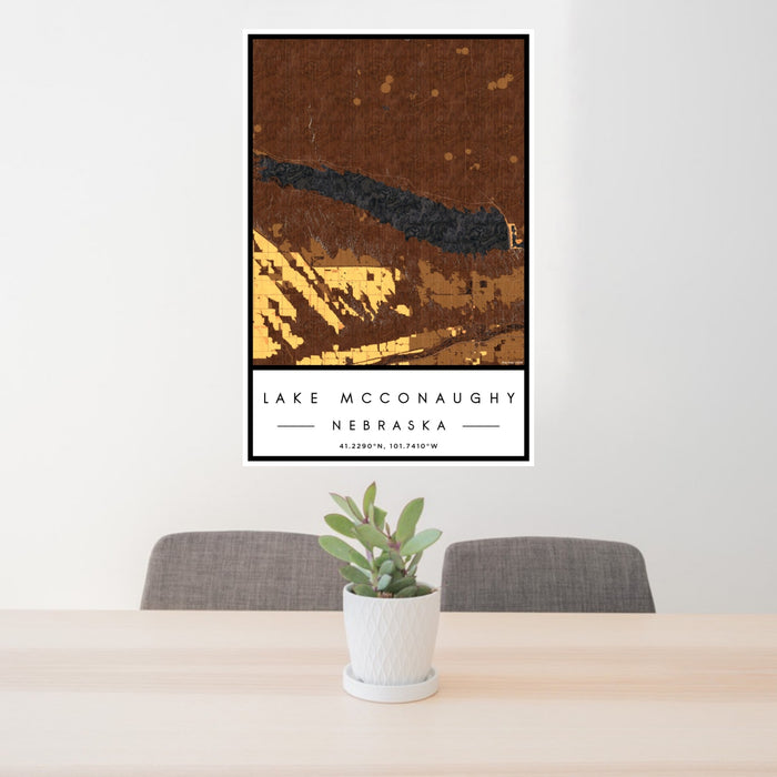 24x36 Lake McConaughy Nebraska Map Print Portrait Orientation in Ember Style Behind 2 Chairs Table and Potted Plant