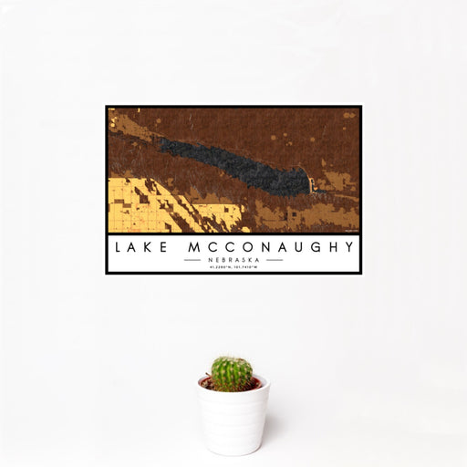 12x18 Lake McConaughy Nebraska Map Print Landscape Orientation in Ember Style With Small Cactus Plant in White Planter