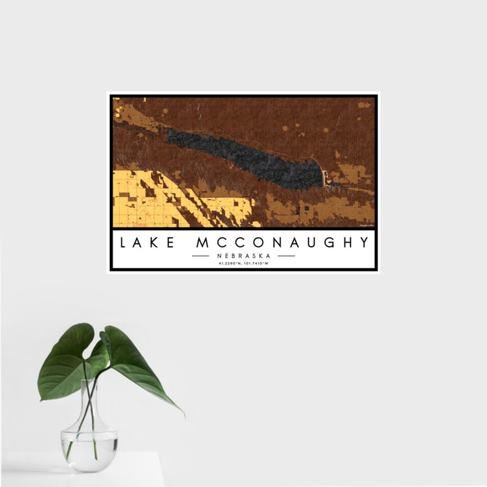 16x24 Lake McConaughy Nebraska Map Print Landscape Orientation in Ember Style With Tropical Plant Leaves in Water