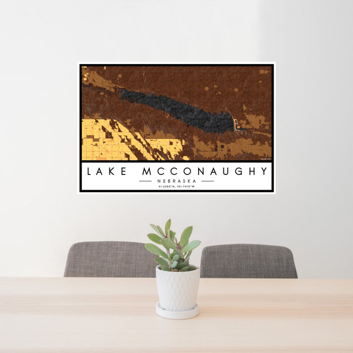 24x36 Lake McConaughy Nebraska Map Print Landscape Orientation in Ember Style Behind 2 Chairs Table and Potted Plant