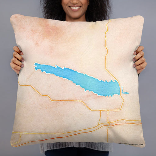 Person holding 22x22 Custom Lake McConaughy Nebraska Map Throw Pillow in Watercolor
