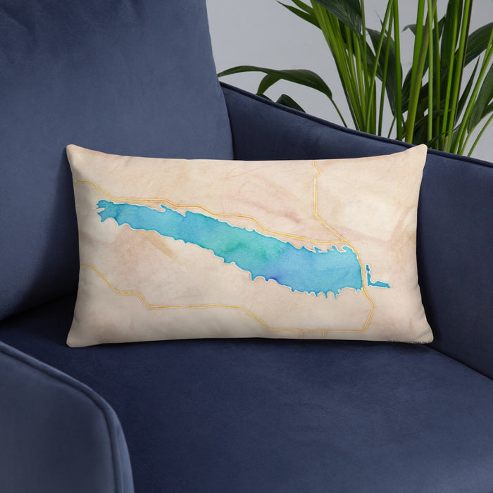 Custom Lake McConaughy Nebraska Map Throw Pillow in Watercolor on Blue Colored Chair
