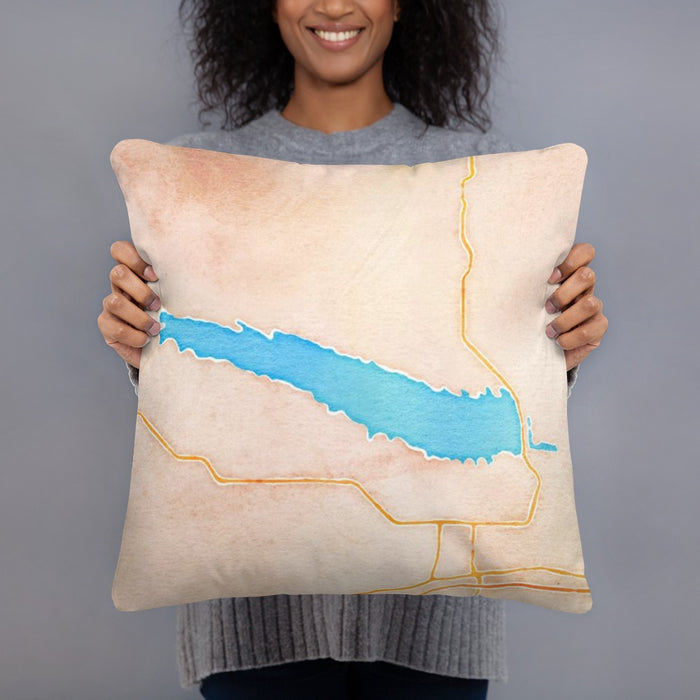 Person holding 18x18 Custom Lake McConaughy Nebraska Map Throw Pillow in Watercolor
