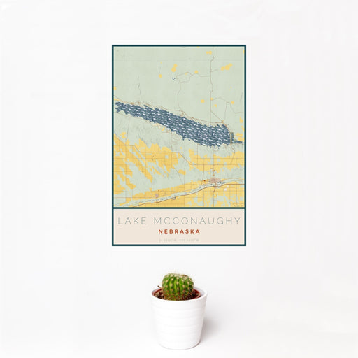 12x18 Lake McConaughy Nebraska Map Print Portrait Orientation in Woodblock Style With Small Cactus Plant in White Planter