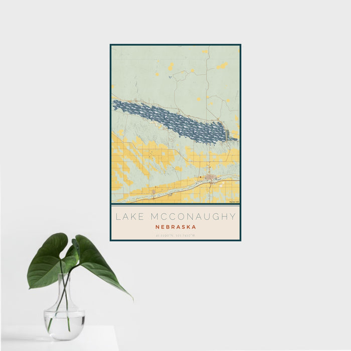 16x24 Lake McConaughy Nebraska Map Print Portrait Orientation in Woodblock Style With Tropical Plant Leaves in Water
