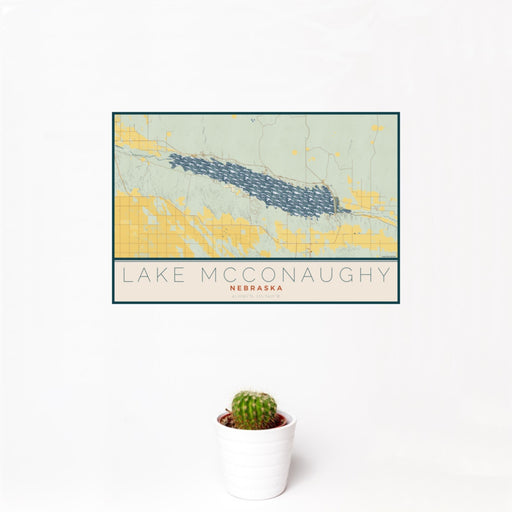12x18 Lake McConaughy Nebraska Map Print Landscape Orientation in Woodblock Style With Small Cactus Plant in White Planter