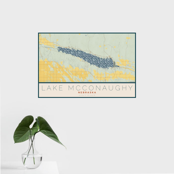 16x24 Lake McConaughy Nebraska Map Print Landscape Orientation in Woodblock Style With Tropical Plant Leaves in Water