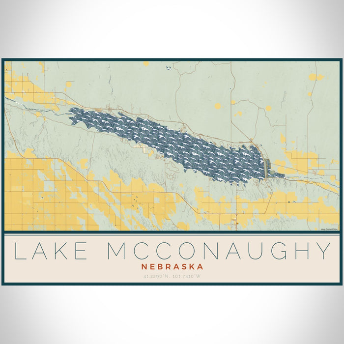 Lake McConaughy Nebraska Map Print Landscape Orientation in Woodblock Style With Shaded Background