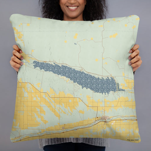 Person holding 22x22 Custom Lake McConaughy Nebraska Map Throw Pillow in Woodblock