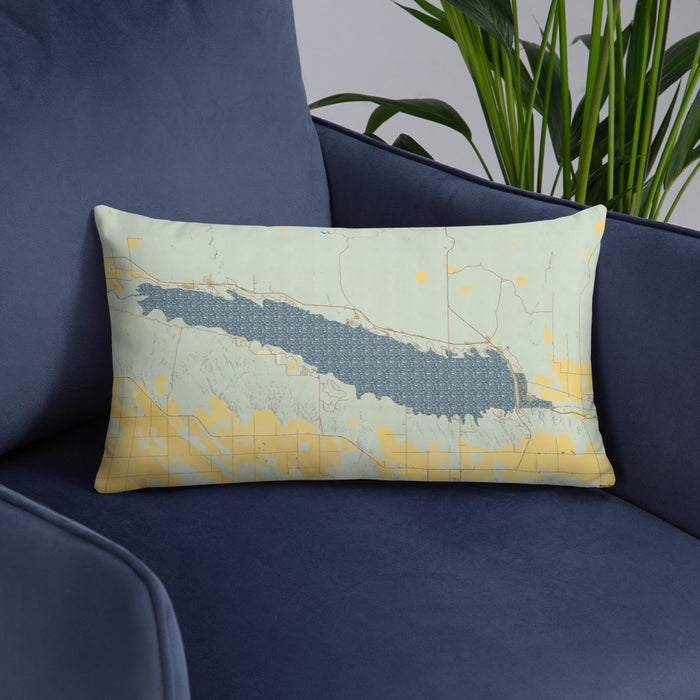 Custom Lake McConaughy Nebraska Map Throw Pillow in Woodblock on Blue Colored Chair