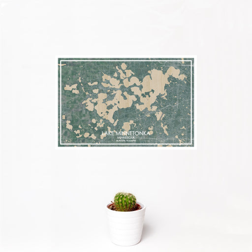 12x18 Lake Minnetonka Minnesota Map Print Landscape Orientation in Afternoon Style With Small Cactus Plant in White Planter
