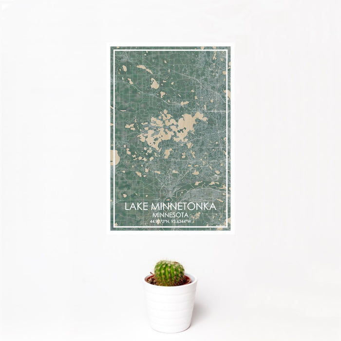 12x18 Lake Minnetonka Minnesota Map Print Portrait Orientation in Afternoon Style With Small Cactus Plant in White Planter