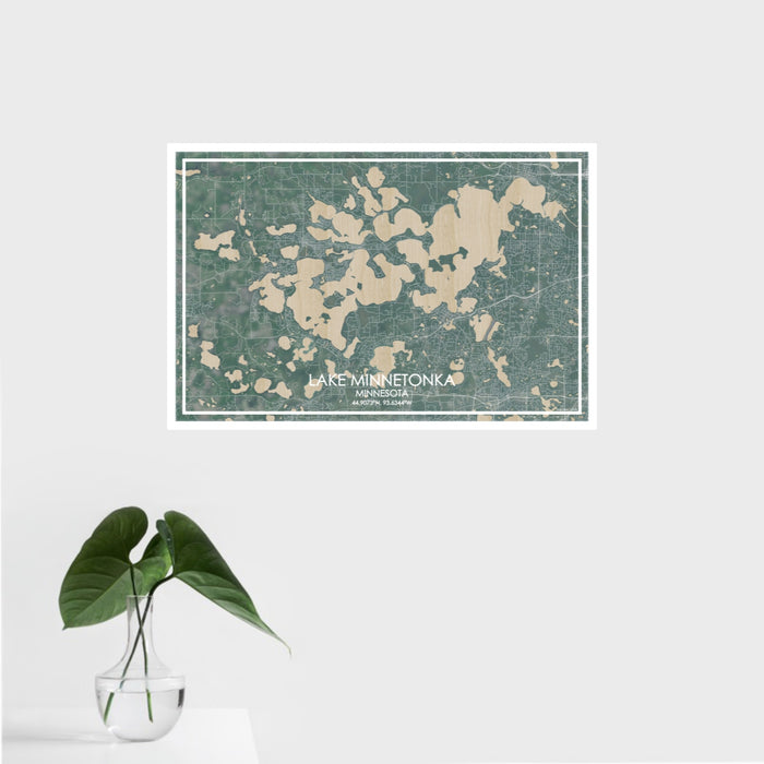 16x24 Lake Minnetonka Minnesota Map Print Landscape Orientation in Afternoon Style With Tropical Plant Leaves in Water