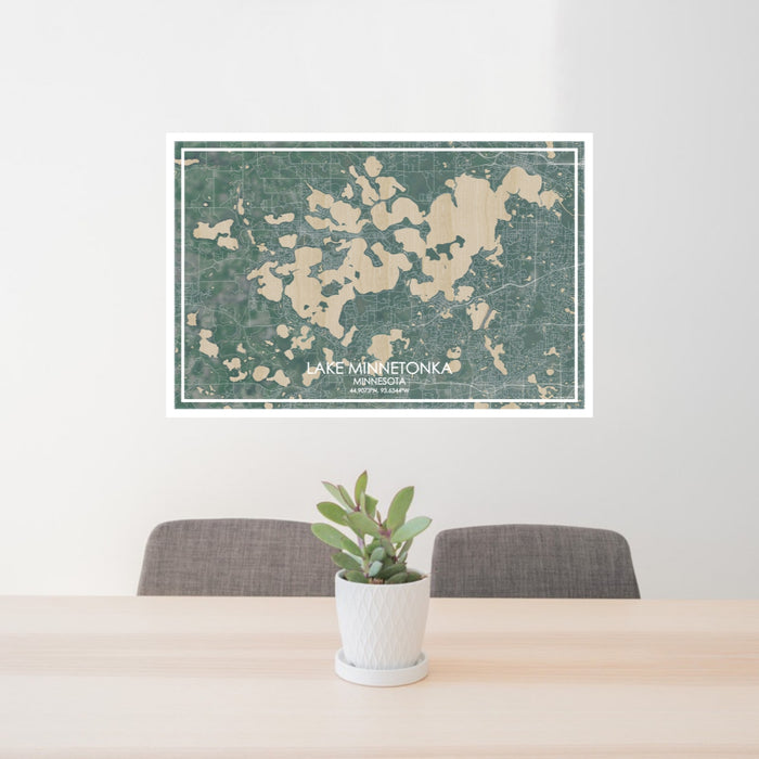 24x36 Lake Minnetonka Minnesota Map Print Lanscape Orientation in Afternoon Style Behind 2 Chairs Table and Potted Plant