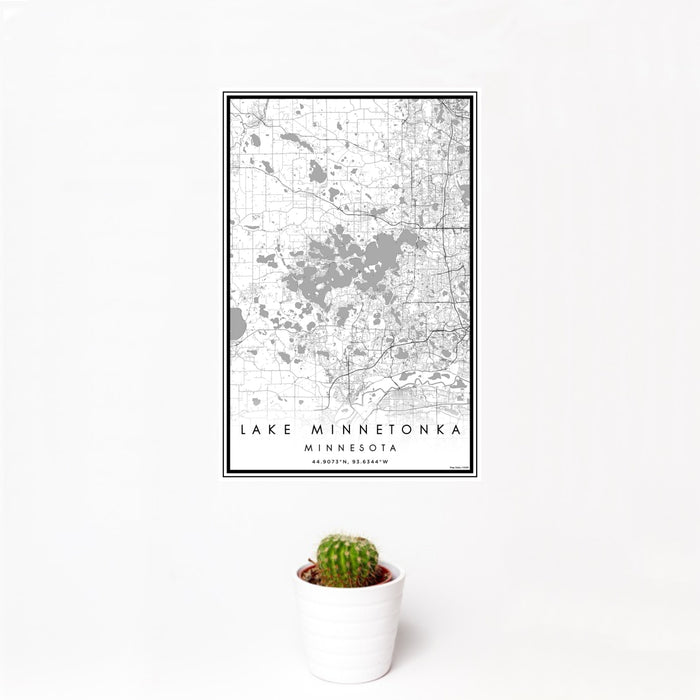 12x18 Lake Minnetonka Minnesota Map Print Portrait Orientation in Classic Style With Small Cactus Plant in White Planter