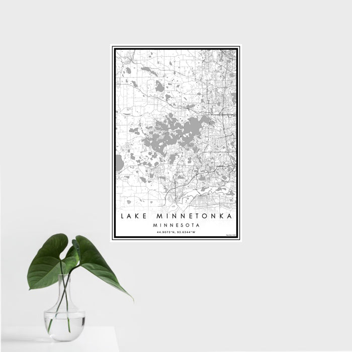 16x24 Lake Minnetonka Minnesota Map Print Portrait Orientation in Classic Style With Tropical Plant Leaves in Water