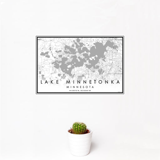 12x18 Lake Minnetonka Minnesota Map Print Landscape Orientation in Classic Style With Small Cactus Plant in White Planter