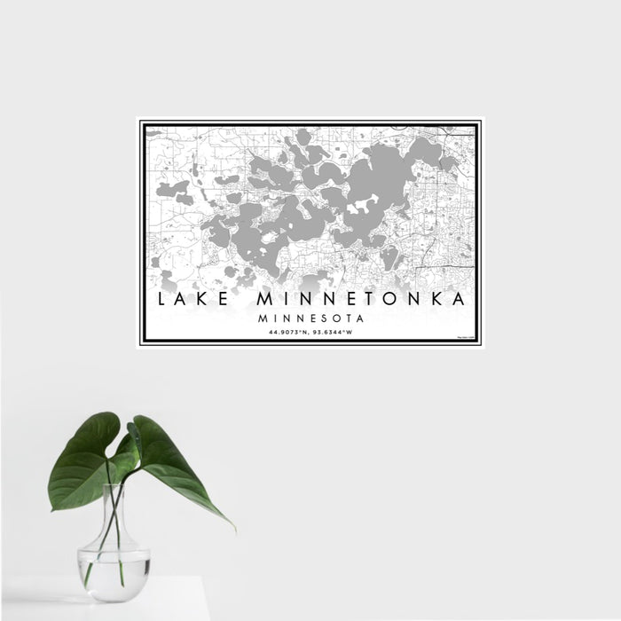 16x24 Lake Minnetonka Minnesota Map Print Landscape Orientation in Classic Style With Tropical Plant Leaves in Water