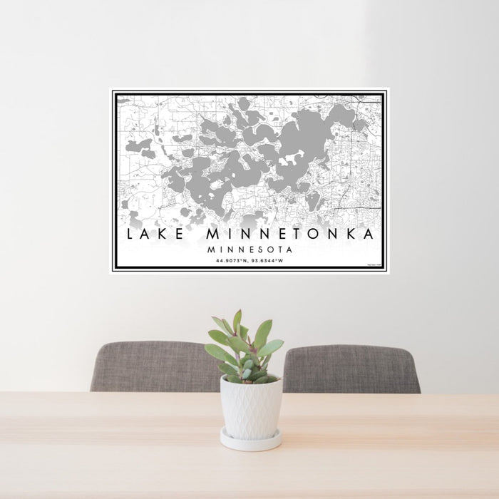 24x36 Lake Minnetonka Minnesota Map Print Landscape Orientation in Classic Style Behind 2 Chairs Table and Potted Plant