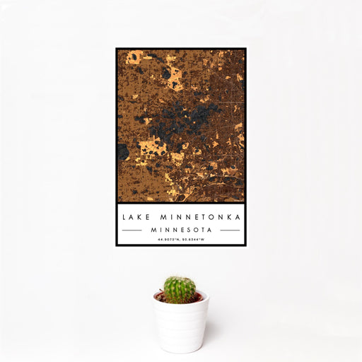 12x18 Lake Minnetonka Minnesota Map Print Portrait Orientation in Ember Style With Small Cactus Plant in White Planter