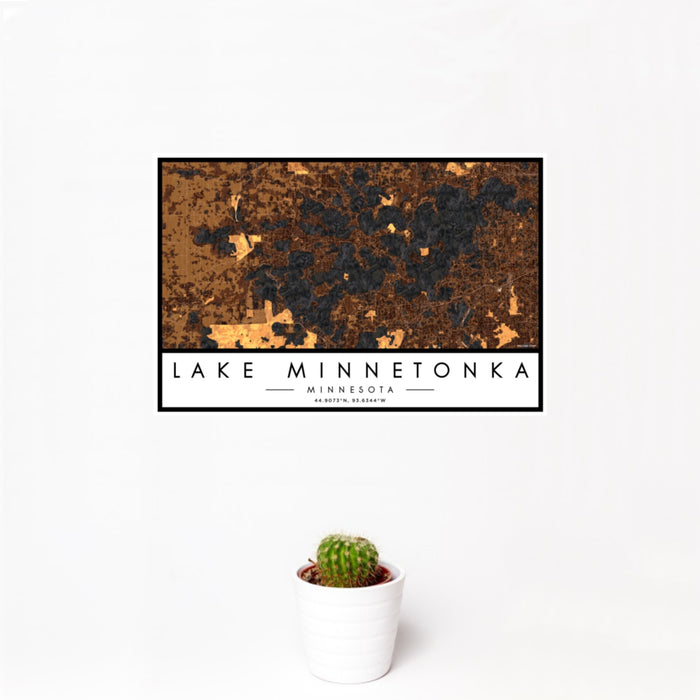 12x18 Lake Minnetonka Minnesota Map Print Landscape Orientation in Ember Style With Small Cactus Plant in White Planter