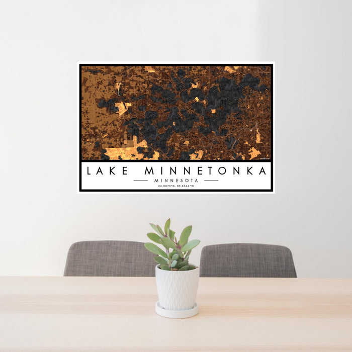 24x36 Lake Minnetonka Minnesota Map Print Landscape Orientation in Ember Style Behind 2 Chairs Table and Potted Plant