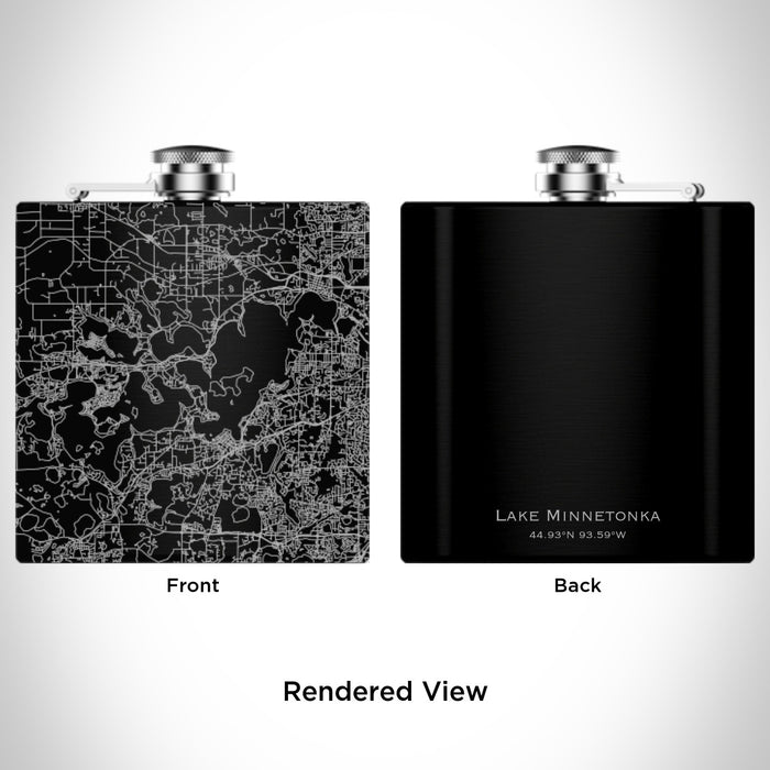 Rendered View of Lake Minnetonka Minnesota Map Engraving on 6oz Stainless Steel Flask in Black