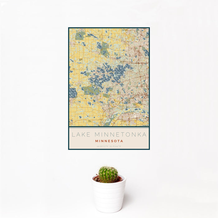 12x18 Lake Minnetonka Minnesota Map Print Portrait Orientation in Woodblock Style With Small Cactus Plant in White Planter