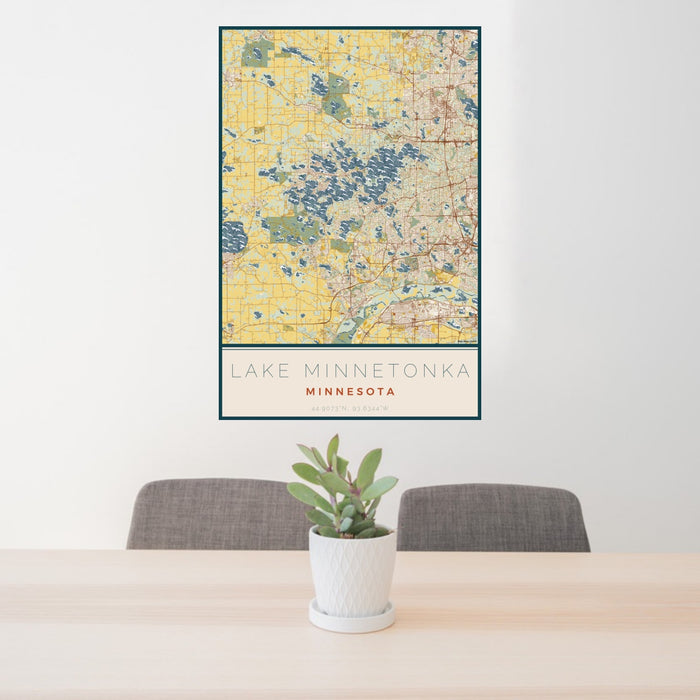 24x36 Lake Minnetonka Minnesota Map Print Portrait Orientation in Woodblock Style Behind 2 Chairs Table and Potted Plant