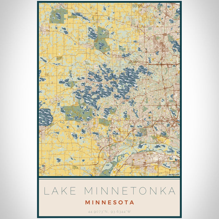 Lake Minnetonka Minnesota Map Print Portrait Orientation in Woodblock Style With Shaded Background