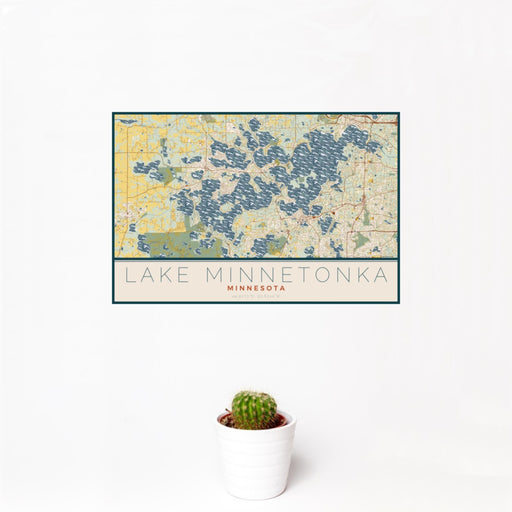 12x18 Lake Minnetonka Minnesota Map Print Landscape Orientation in Woodblock Style With Small Cactus Plant in White Planter