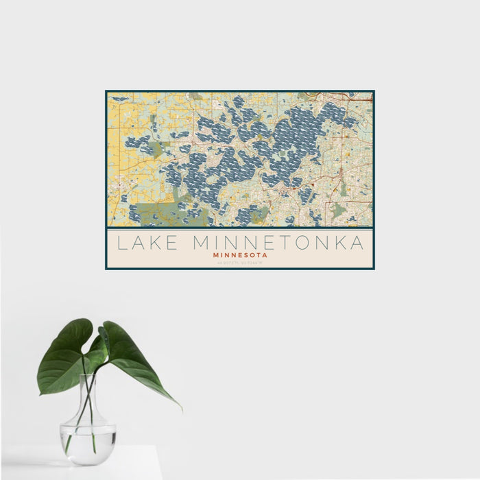 16x24 Lake Minnetonka Minnesota Map Print Landscape Orientation in Woodblock Style With Tropical Plant Leaves in Water
