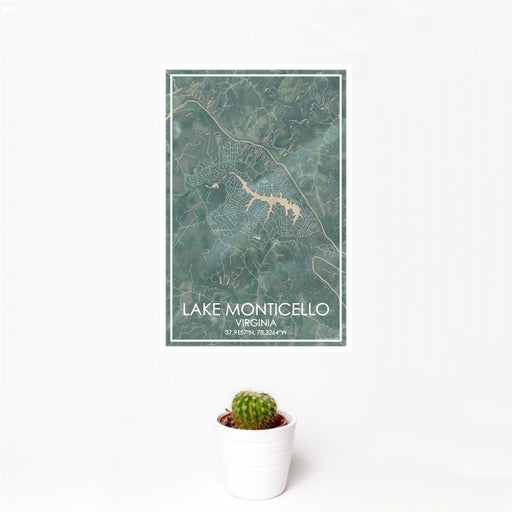 12x18 Lake Monticello Virginia Map Print Portrait Orientation in Afternoon Style With Small Cactus Plant in White Planter