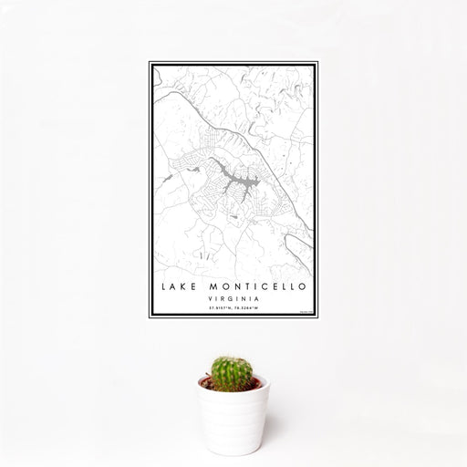 12x18 Lake Monticello Virginia Map Print Portrait Orientation in Classic Style With Small Cactus Plant in White Planter