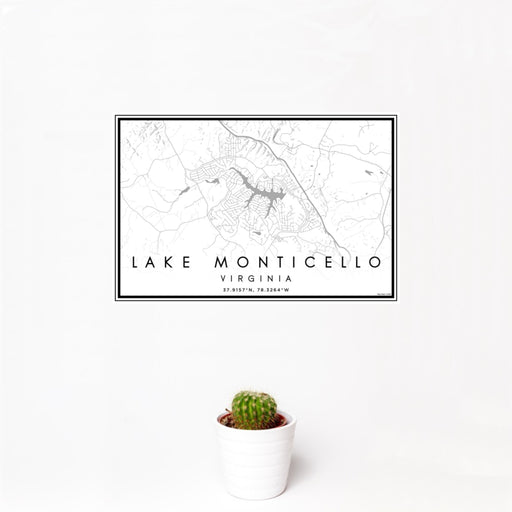 12x18 Lake Monticello Virginia Map Print Landscape Orientation in Classic Style With Small Cactus Plant in White Planter