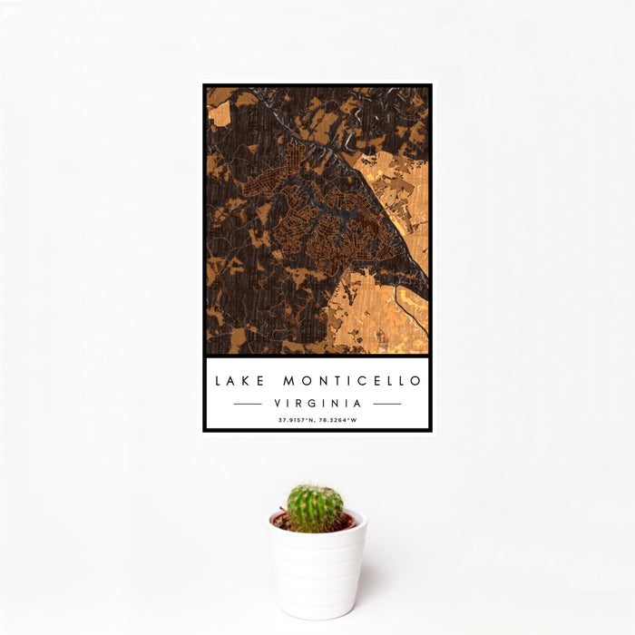 12x18 Lake Monticello Virginia Map Print Portrait Orientation in Ember Style With Small Cactus Plant in White Planter