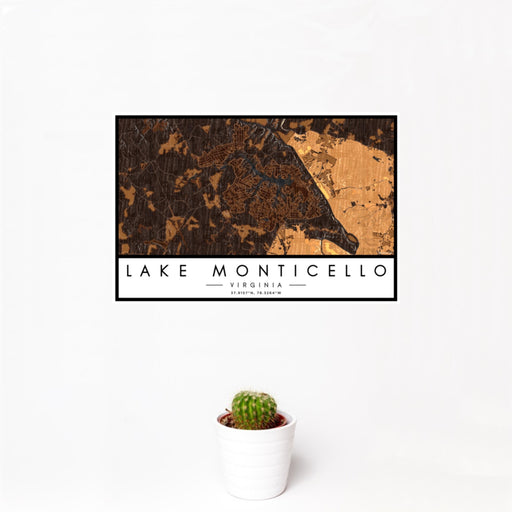 12x18 Lake Monticello Virginia Map Print Landscape Orientation in Ember Style With Small Cactus Plant in White Planter