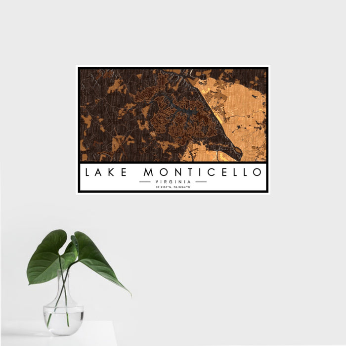 16x24 Lake Monticello Virginia Map Print Landscape Orientation in Ember Style With Tropical Plant Leaves in Water