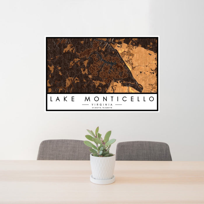 24x36 Lake Monticello Virginia Map Print Landscape Orientation in Ember Style Behind 2 Chairs Table and Potted Plant