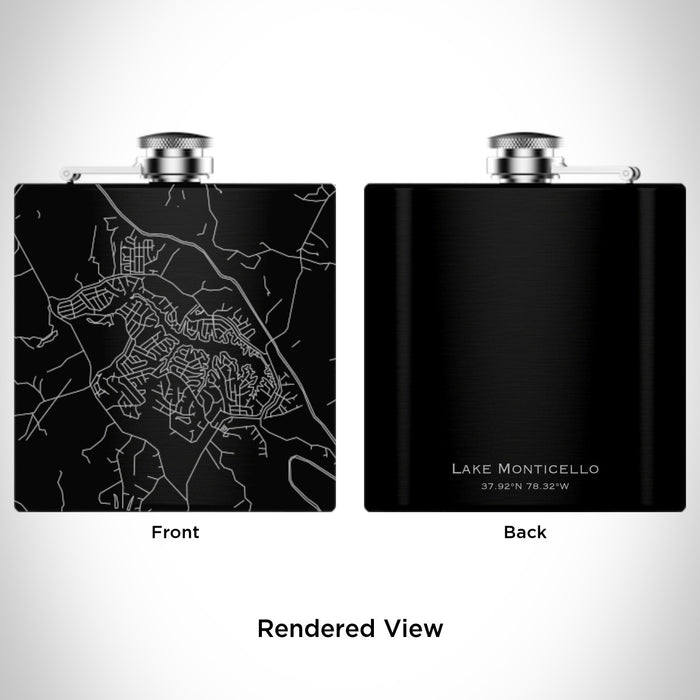 Rendered View of Lake Monticello Virginia Map Engraving on 6oz Stainless Steel Flask in Black
