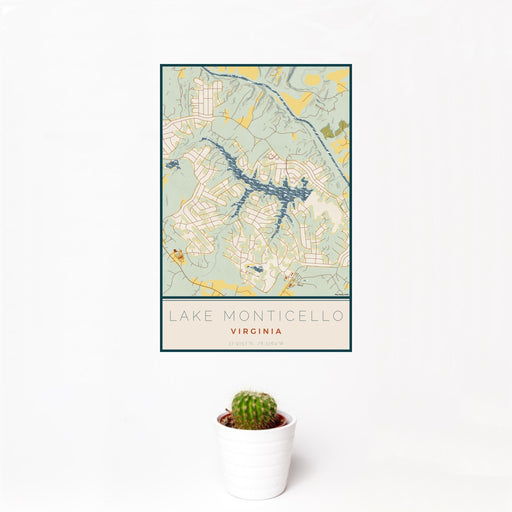 12x18 Lake Monticello Virginia Map Print Portrait Orientation in Woodblock Style With Small Cactus Plant in White Planter