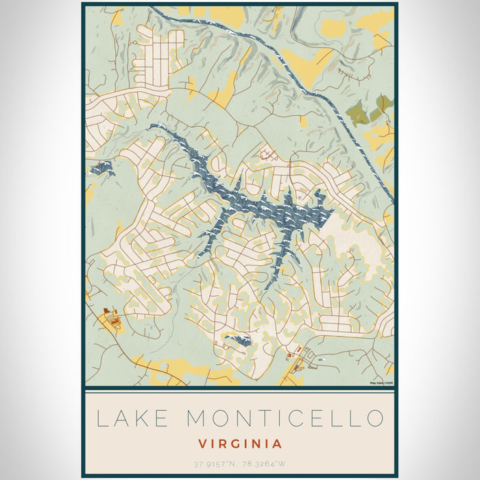 Lake Monticello Virginia Map Print Portrait Orientation in Woodblock Style With Shaded Background