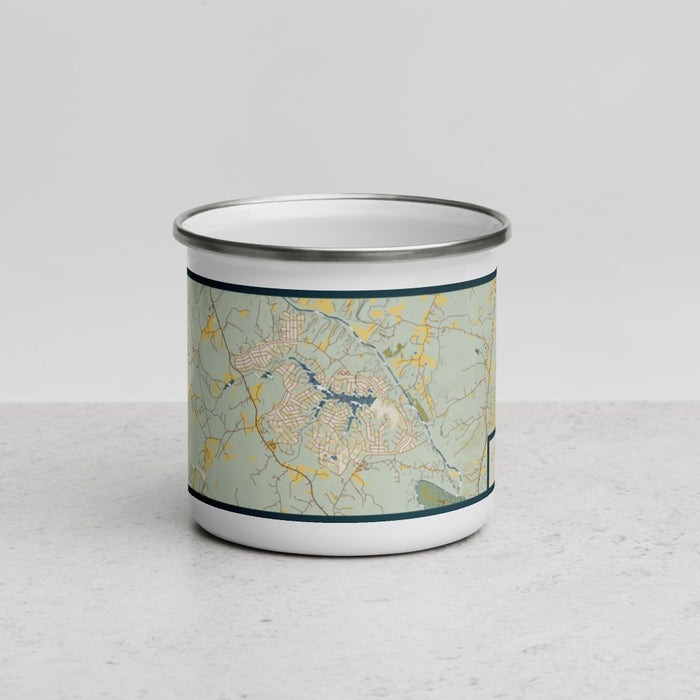 Front View Custom Lake Monticello Virginia Map Enamel Mug in Woodblock
